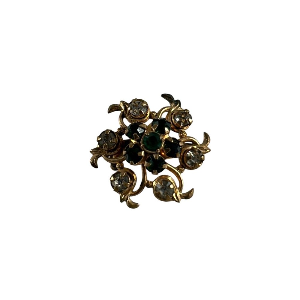 Vintage Gold Tone Rhinestone Brooch Green Clear Flower Pin Costume Jewelry